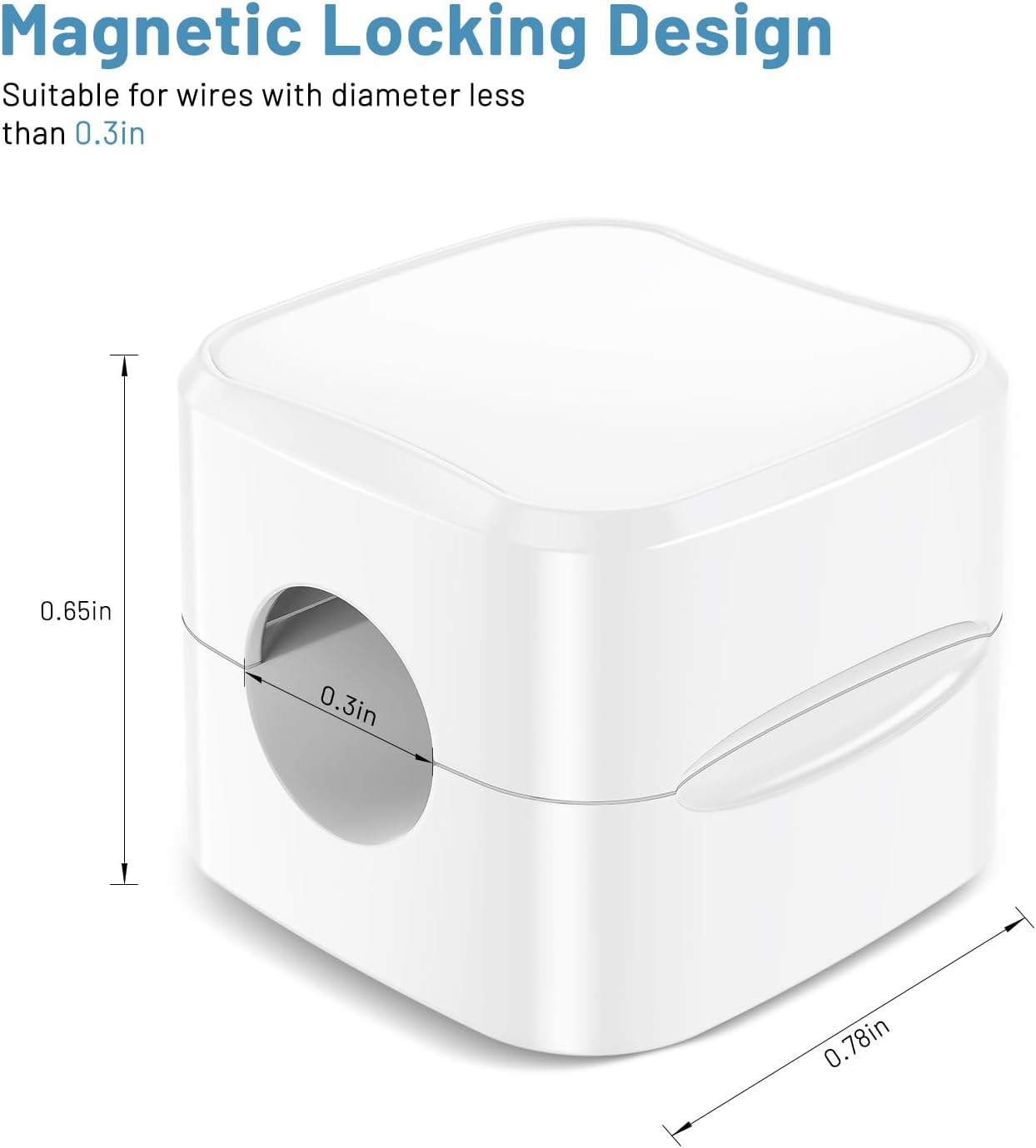 White cable management device with dimensions labeled on a white background