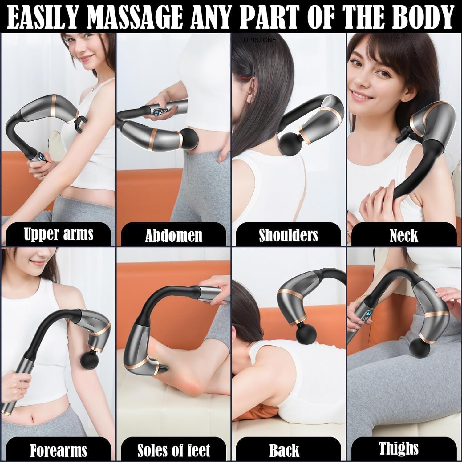 Woman using a handheld massager on various parts of her body with text indicating the areas.