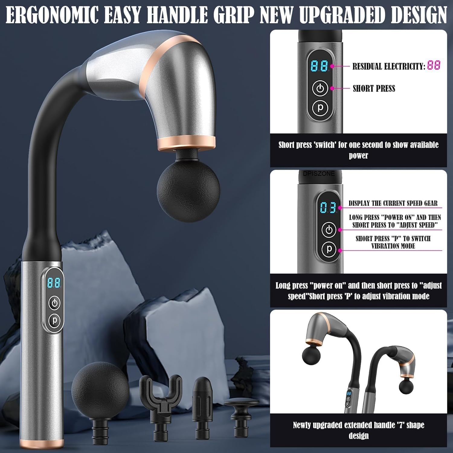 Ergonomic handle grip with digital display and attachments on a dark background