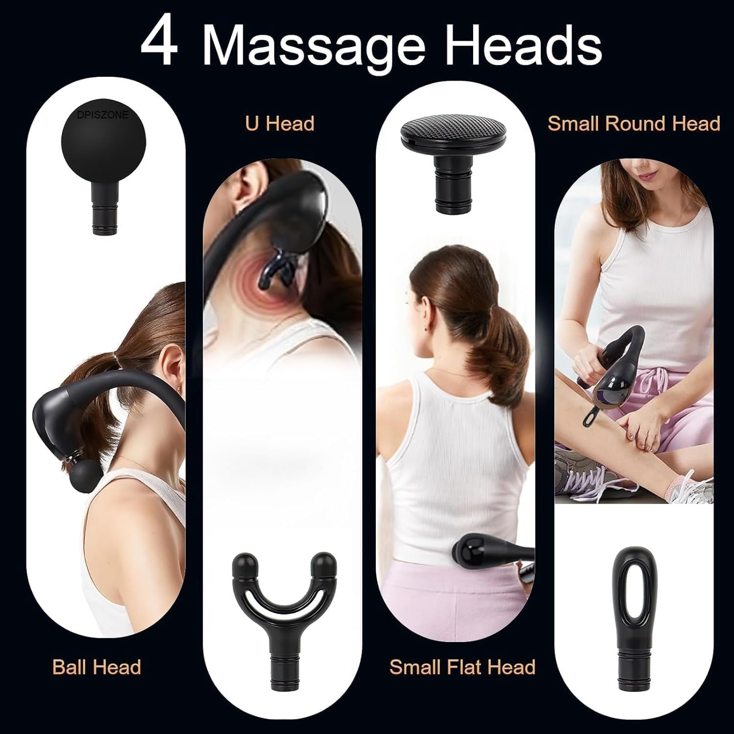 Massage device with various heads and usage scenarios on a white background