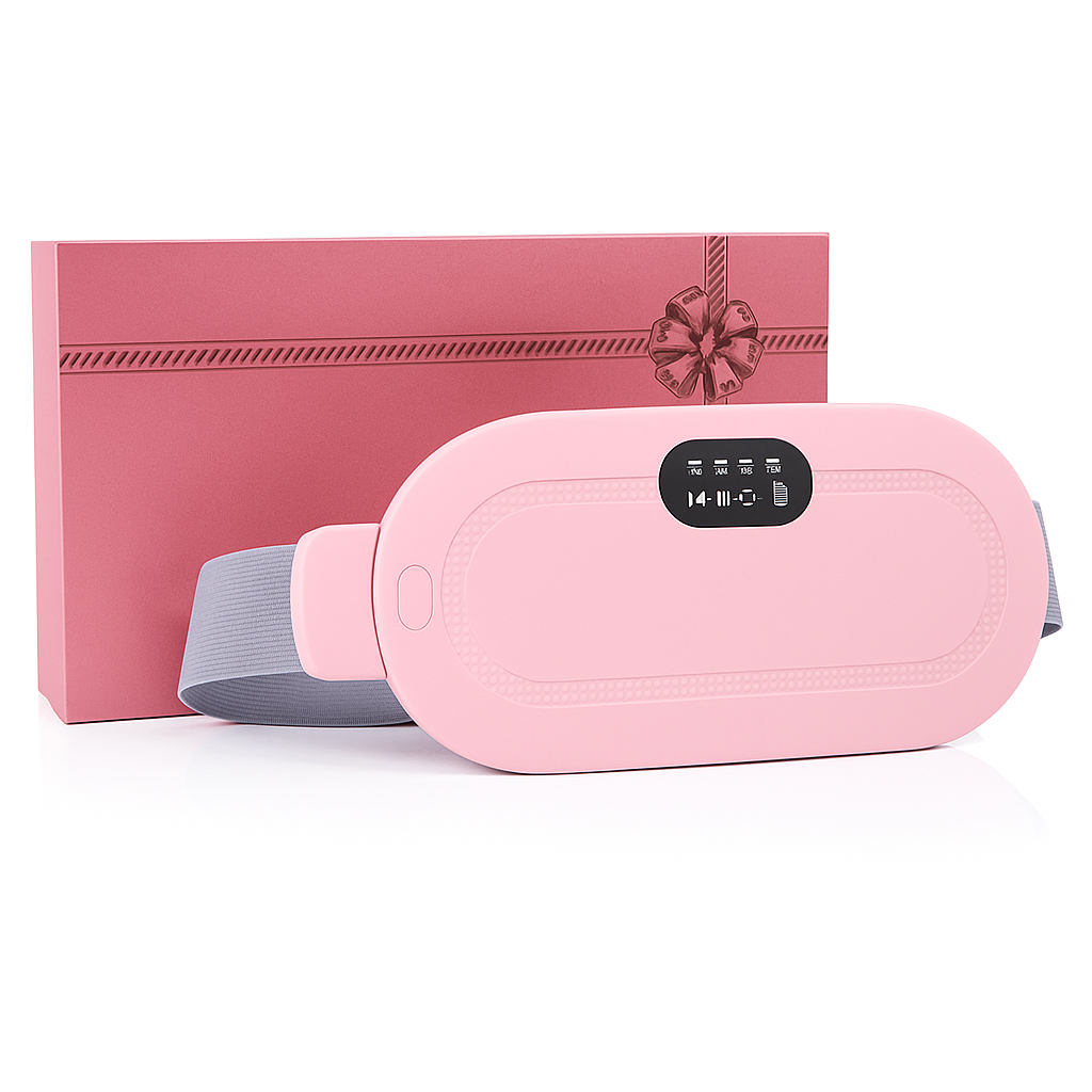 Pink electronic device with a strap and a matching pink box on a white background