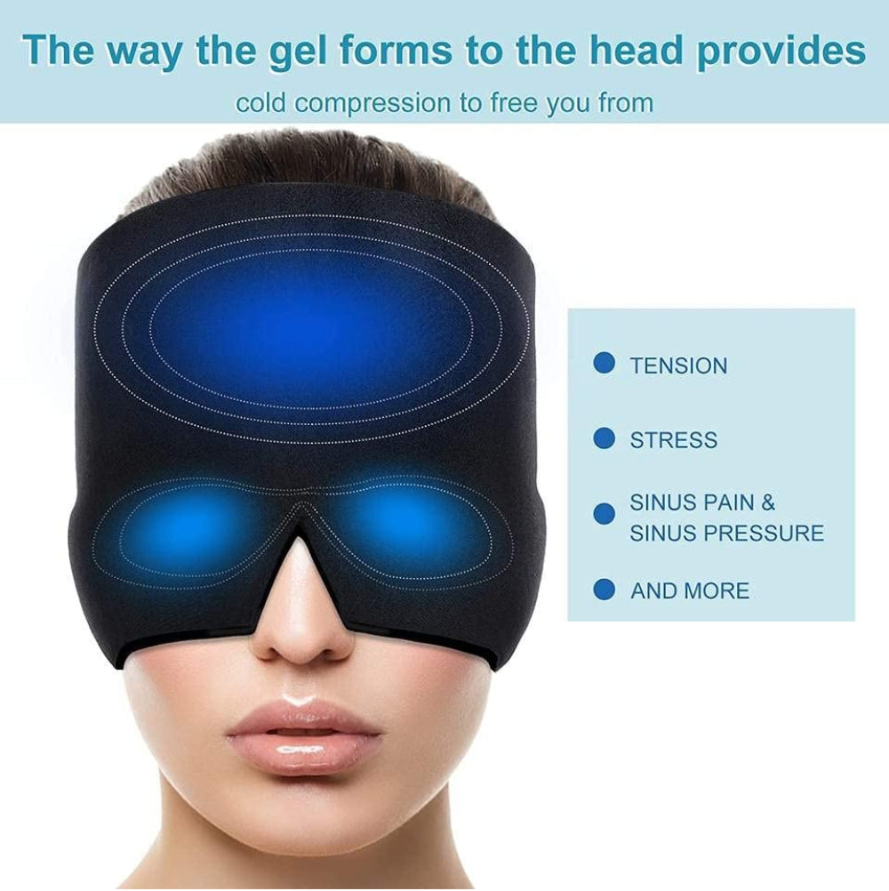 Black headband with blue gel pads on a person's head