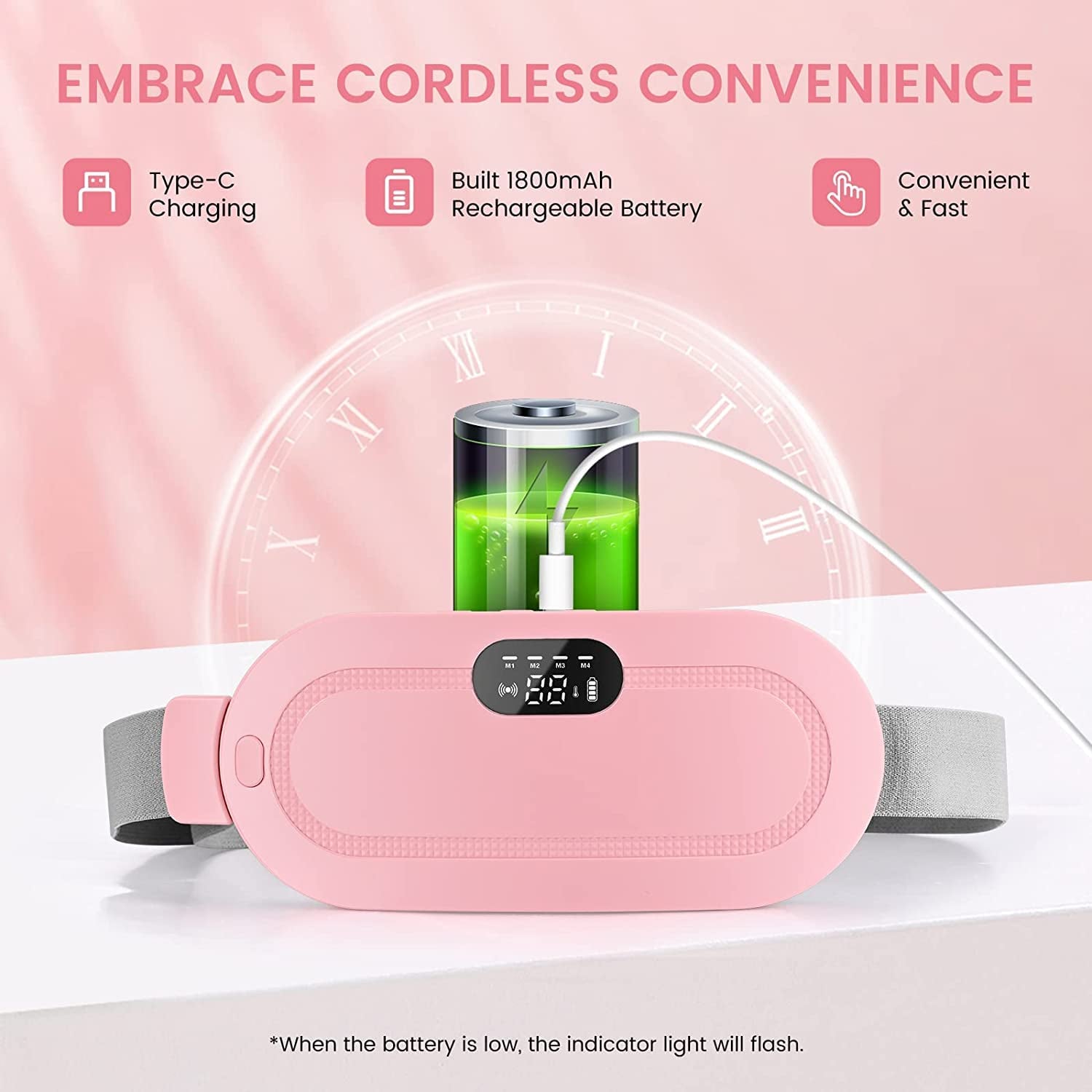 Pink waist bag with digital display and charging cable on a pink background