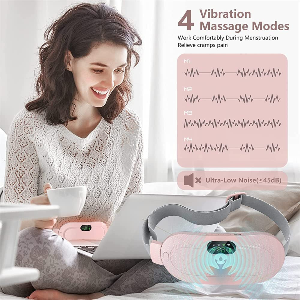 Woman using a neck and shoulder massager with text on vibration modes and noise levels.