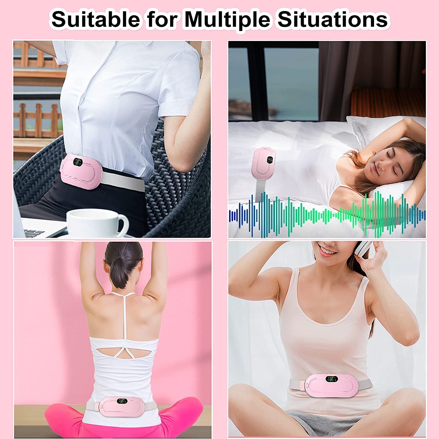 Collage of a pink electronic device worn by people in various situations with text 'Suitable for Multiple Situations'.