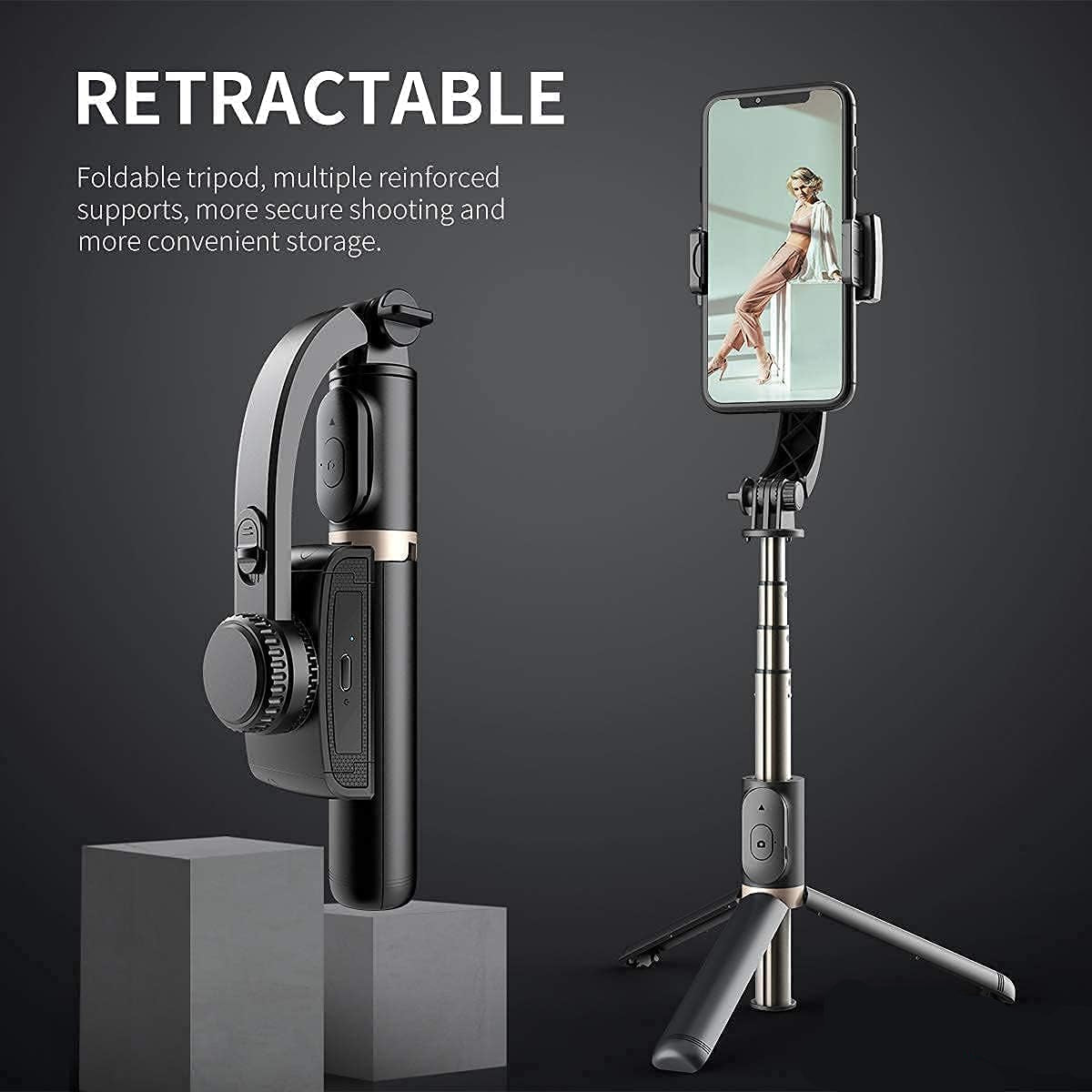 Retractable phone holder with tripod on a dark background, featuring the brand 'WoFly'.
