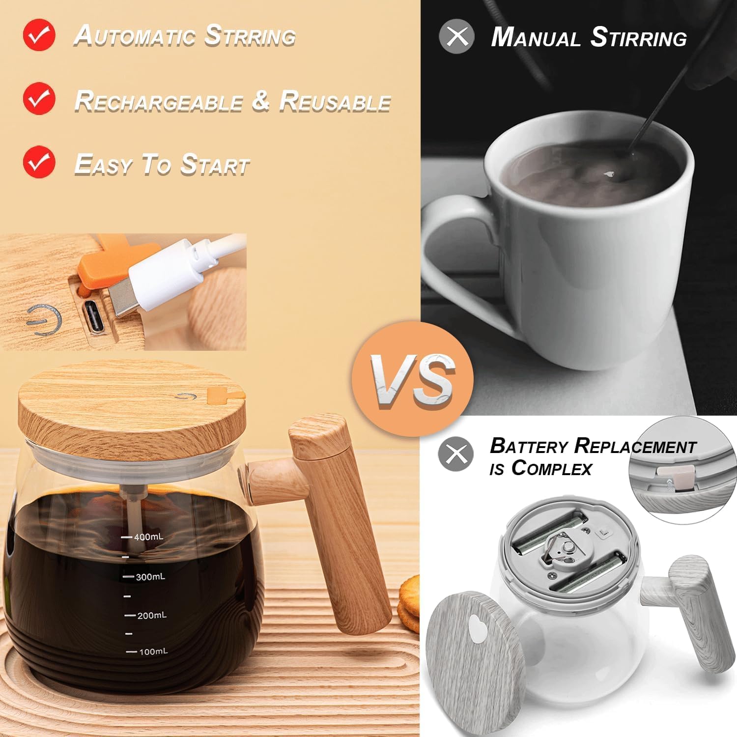 Comparison of automatic stirring device with manual stirring method on a wooden background.