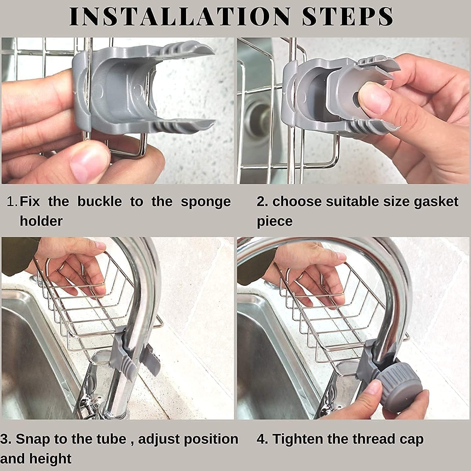 Step-by-step installation guide for a sink caddy with hands demonstrating each step.