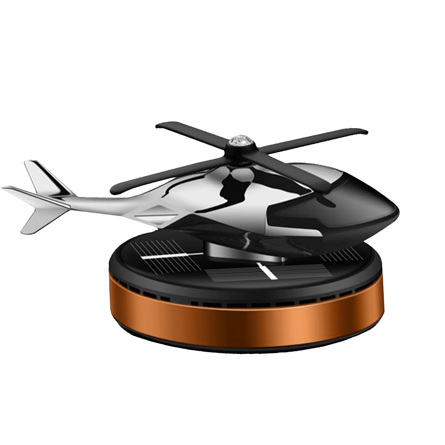 Black and silver drone with a brown base on a white background